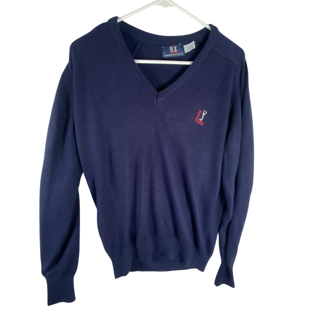 PGA Tour Sweater Mens Medium Blue V Neck Knit Pullover Made USA Acrylic Golf